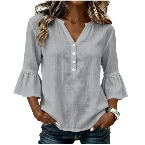 Bosfbaoi 3/4 Length Sleeve Womens Tops Notched V Neck Button Front Flounce Bell Sleeve Casual Blouses