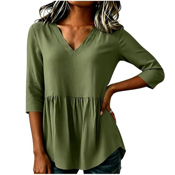 Bosfbaoi 3/4 Length Sleeve Womens Tops Solid V Neck Peplum Ruffle Hem Casual Blouses