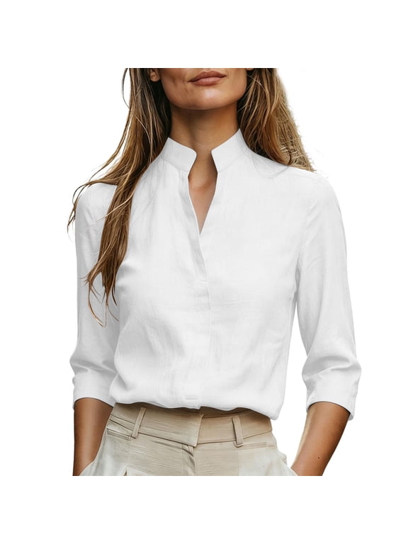 3/4 Length Sleeve Womens Tops Stand Collar Hidden Button V Neck Linen Blend Office Blouses