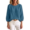 thumbnail image 1 of Bosfbaoi 3/4 Puff Sleeve Womens Tops Solid Round Neck Loose Linen Blend Casual Blouses, 1 of 5