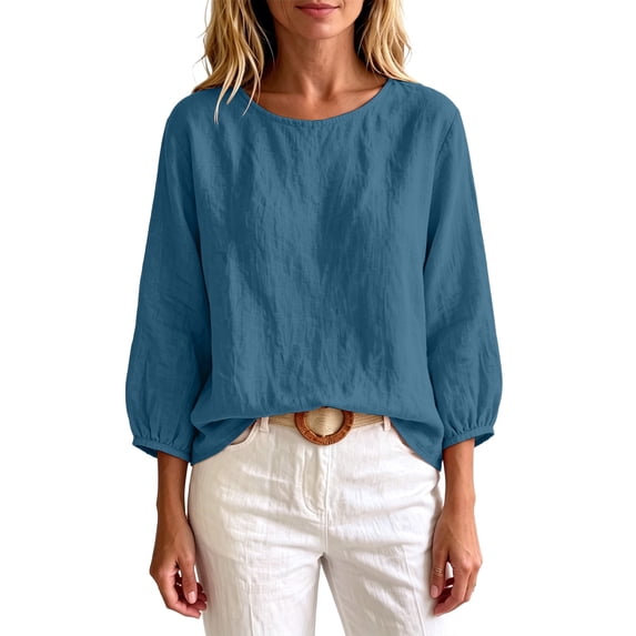 Bosfbaoi 3/4 Puff Sleeve Womens Tops Solid Round Neck Loose Linen Blend Casual Blouses