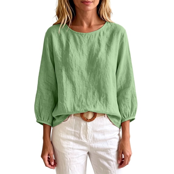 Bosfbaoi 3/4 Puff Sleeve Womens Tops Solid Round Neck Loose Linen Blend Casual Blouses