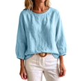 thumbnail image 1 of Bosfbaoi 3/4 Puff Sleeve Womens Tops Solid Round Neck Loose Linen Blend Casual Blouses, 1 of 5