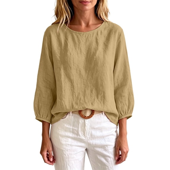 Bosfbaoi 3/4 Puff Sleeve Womens Tops Solid Round Neck Loose Linen Blend Casual Blouses