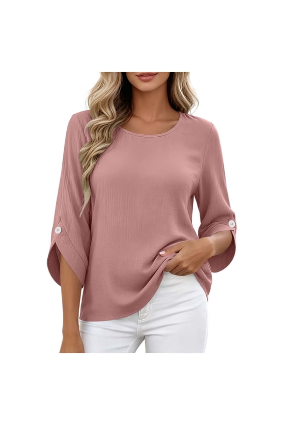 3/4 Roll Tab Sleeve Womens Tops Crew Neck Textured Woven Casual Blouses