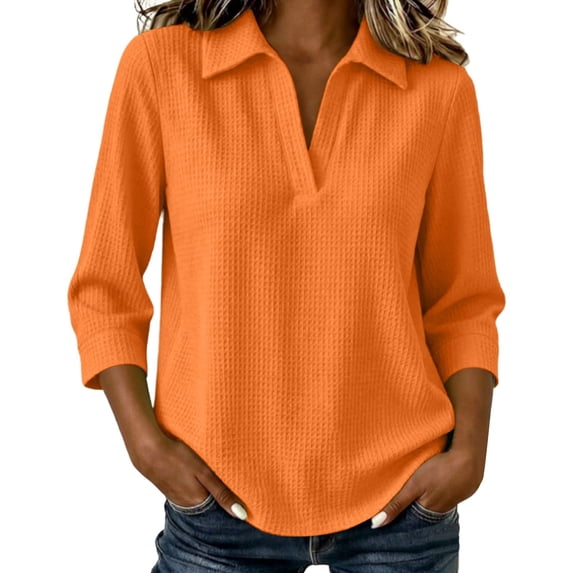 Bosfbaoi 3/4 Sleeve Collared Tops for Women Solid V Neck Henley Casual Blouses