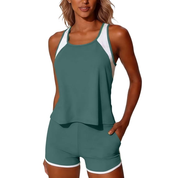 Bosfbaoi 3-Piece Swimsuit for Women Athletic Tankini Womens Swimsuits Contrast Trim Racerback Tank Top Sports Bra High-Waisted Shorts