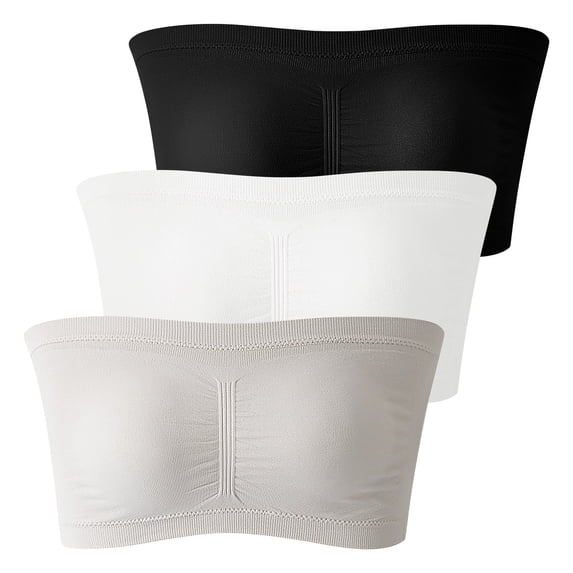 Bosfbaoi 3PC Plus Size Strapless Bra for Women Seamless Bandeau Wirefree Removable Pads Anti-Slip Ribbed Tube Top Everyday Comfort Bra