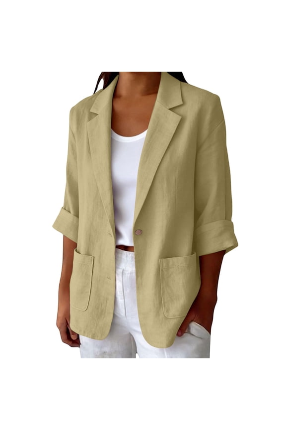 Blazers for Women Linen Blend Notched Lapel Single Button Long Sleeve Outerwear Loose Casual Blazer Jacket with Dual Patch Pockets