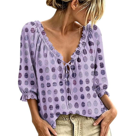 Bosfbaoi Blouses for Women V Neck Tie Front Polka Dot 3/4 Puff Sleeve Loose Casual Shirts