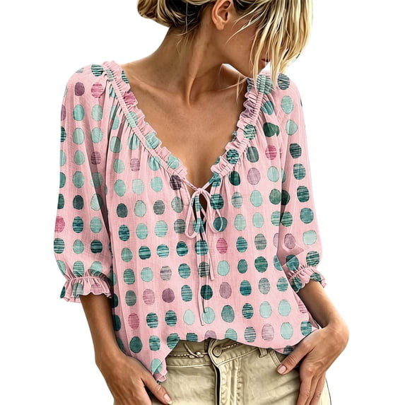Bosfbaoi Blouses for Women V Neck Tie Front Polka Dot 3/4 Puff Sleeve Loose Casual Shirts