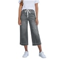 thumbnail image 1 of Bosfbaoi Capri Jeans for Women Drawstring High Rise Wide Leg Jeans with Pockets Summer Casual Loose Fit Cropped Denim Pants, 1 of 6