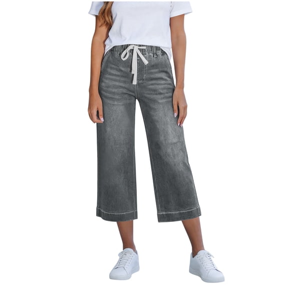 Bosfbaoi Capri Jeans for Women Drawstring High Rise Wide Leg Jeans with Pockets Summer Casual Loose Fit Cropped Denim Pants