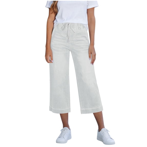 Bosfbaoi Capri Jeans for Women Drawstring High Rise Wide Leg Jeans with Pockets Summer Casual Loose Fit Cropped Denim Pants