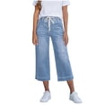 thumbnail image 1 of Bosfbaoi Capri Jeans for Women Drawstring High Rise Wide Leg Jeans with Pockets Summer Casual Loose Fit Cropped Denim Pants, 1 of 6