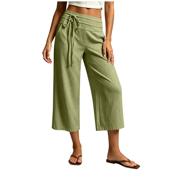 Bosfbaoi Capri Pants for Women Drawstring Expandable Waist Linen Cropped Straight Leg Capri Pants Casual Summer Beach Mid-Calf Trousers