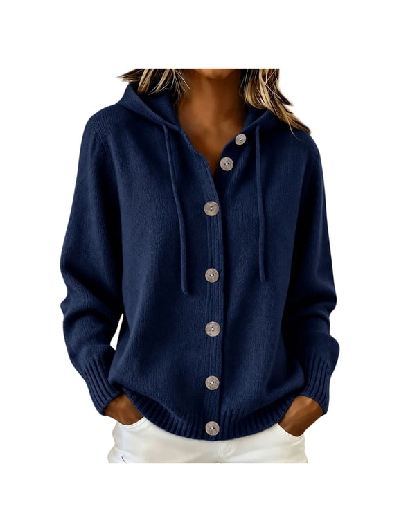 Cardigans for Women Hooded Button Front Knit Cardigan Long Sleeve Drawstring Sweater Coat With Pockets