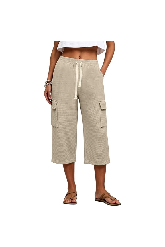 Cargo Capri Pants for Women Waffle Knit Drawstring Elastic High Waist Womens Pants Casual Loose Wide Leg Cropped Sweat Culotte Pants