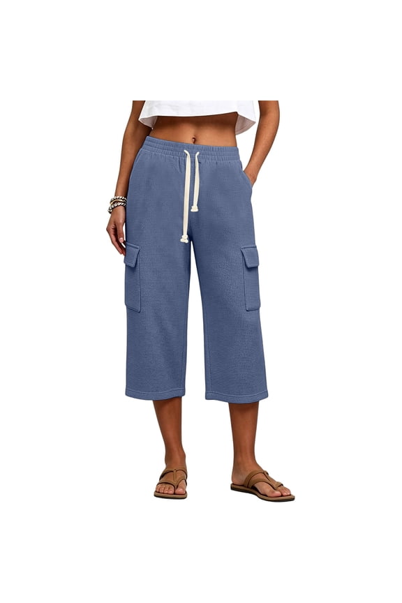 Cargo Capri Pants for Women Waffle Knit Drawstring Elastic High Waist Womens Pants Casual Loose Wide Leg Cropped Sweat Culotte Pants