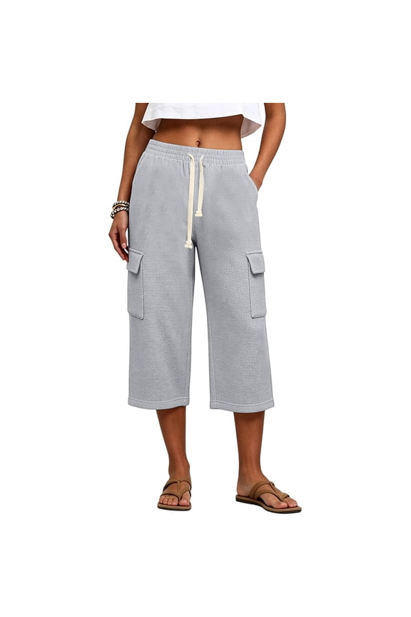 Cargo Capri Pants for Women Waffle Knit Drawstring Elastic High Waist Womens Pants Casual Loose Wide Leg Cropped Sweat Culotte Pants