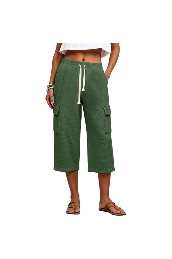 Cargo Capri Pants for Women Waffle Knit Drawstring Elastic High Waist Womens Pants Casual Loose Wide Leg Cropped Sweat Culotte Pants