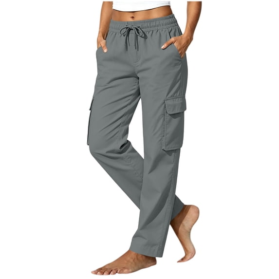 Bosfbaoi Cargo Pants for Women Elastic Drawstring High Waist Straight Leg Casual Work Pants with Multi Pockets