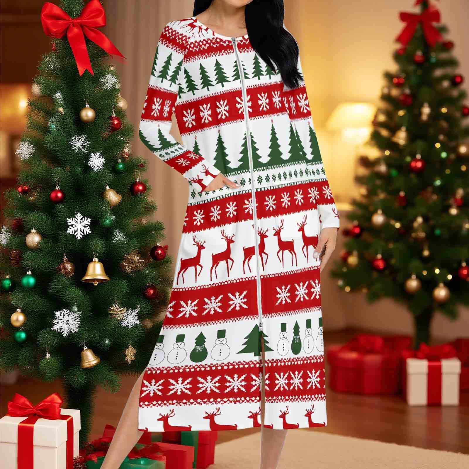 Bosfbaoi Christmas Pajamas, Women's Nightgowns & Sleepshirts, Christmas Print Nightgown and Winter Nightdress Zip with Pokets Loose Pajamas, Size: XL