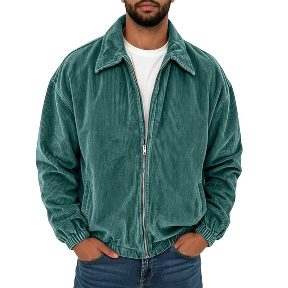 Bosfbaoi Corduroy Jacket for Men Full Zip Lapel Collar Bomber Jacket Elastic Cuffs Hem Side Pockets Casual Loose Outerwear