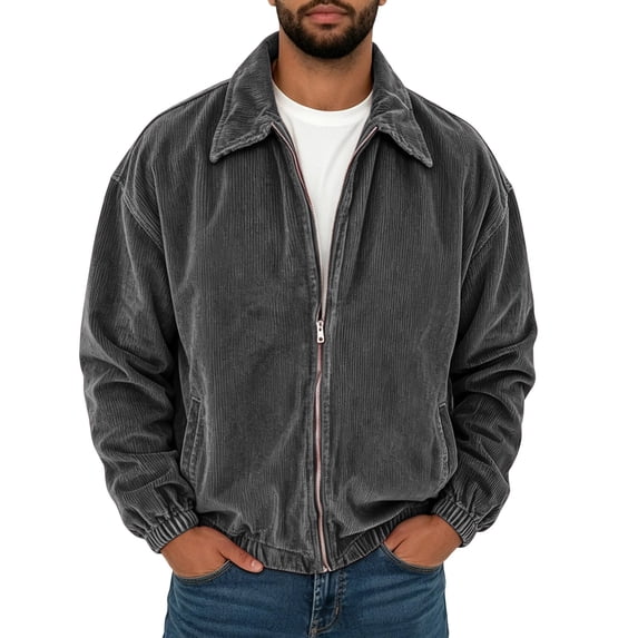Bosfbaoi Corduroy Jacket for Men Full Zip Lapel Collar Bomber Jacket Elastic Cuffs Hem Side Pockets Casual Loose Outerwear