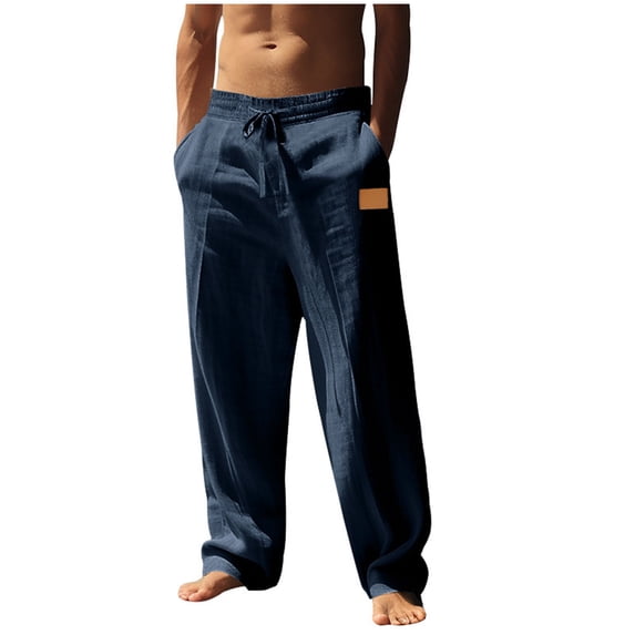Bosfbaoi Cotton Linen Pants for Men Elastic Waist Drawstring Straight Leg Pants Casual Loose Lounge Trousers with Pockets