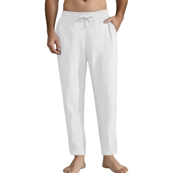 Bosfbaoi Cotton Linen Pants for Men Elastic Waist Drawstring Trousers Straight Leg Casual Beach Pants