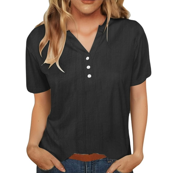 Bosfbaoi Cotton Linen Shirts for Women 2026 Summer Short Sleeve V Neck Button Down Tops Dressy Casual Oversized Tshirts