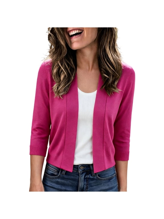 Cropped Knit Cardigan for Women Open Front 3/4 Sleeve Casual Short Sweater Shrug