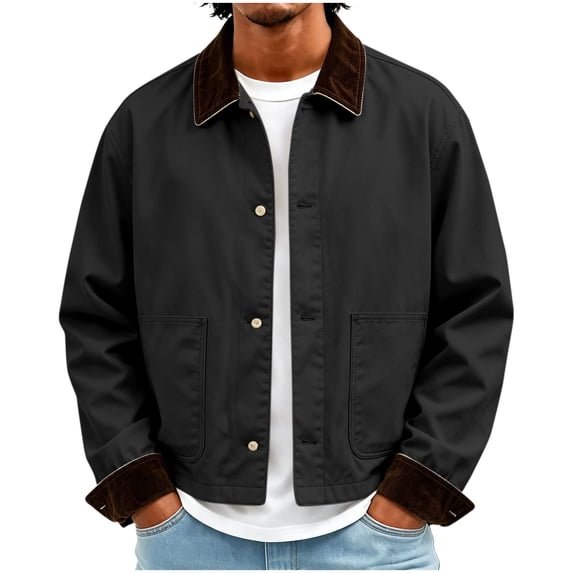 Bosfbaoi Cropped Work Jacket for Men Contrast Corduroy Collar Button Down Casual Coat with Patch Pockets