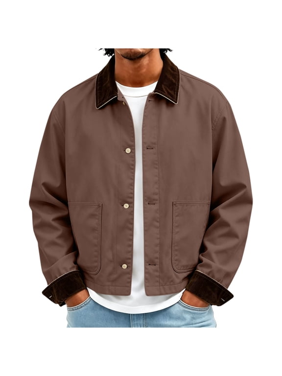 Cropped Work Jacket for Men Contrast Corduroy Collar Button Down Casual Coat with Patch Pockets