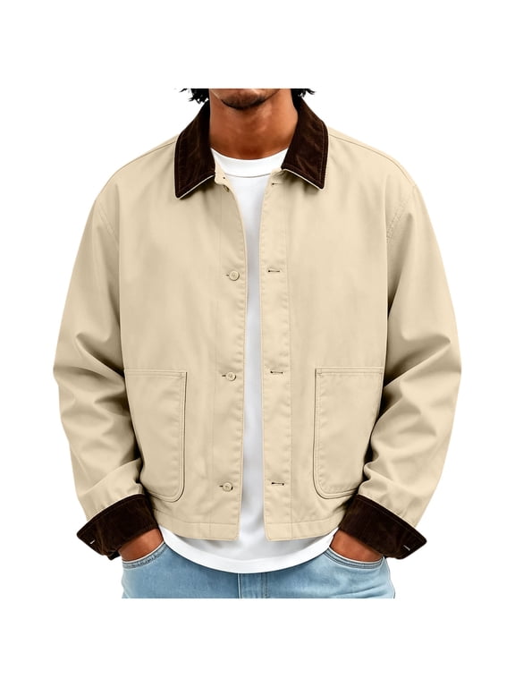 Cropped Work Jacket for Men Contrast Corduroy Collar Button Down Casual Coat with Patch Pockets