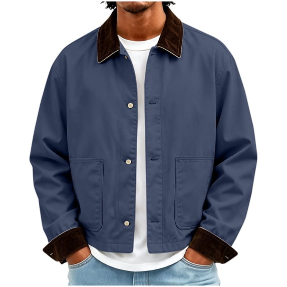 Bosfbaoi Cropped Work Jacket for Men Contrast Corduroy Collar Button Down Casual Coat with Patch Pockets