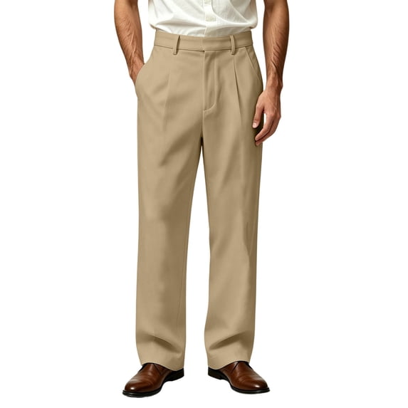 Bosfbaoi Dress Pants for Men Pleated Wide Leg Straight Leg Business Casual Suit Trousers with Belt Loops