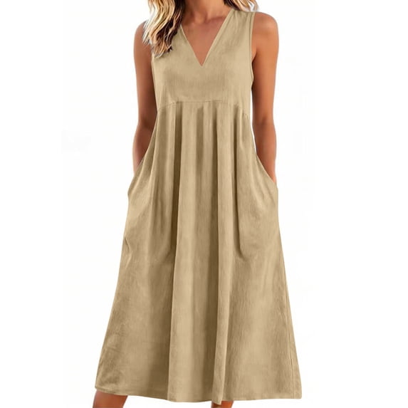 Bosfbaoi Dresses For Women Linen Cotton Sleeveless Maxi Dress A-Line V Neck Summer Dress Loose Pocketed Women Dresses Solid Color Casual Sundress