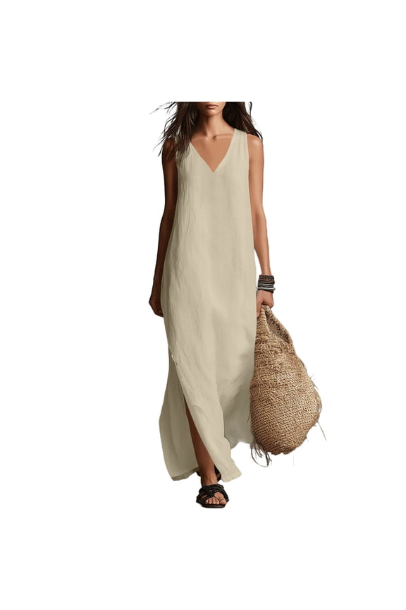 Dresses For Women Linen Maxi Dress V-Neck Sleeveless Summer Dress with Side Slit Casual Flowy A-Line Womens Dresses Beach Vacation Dress