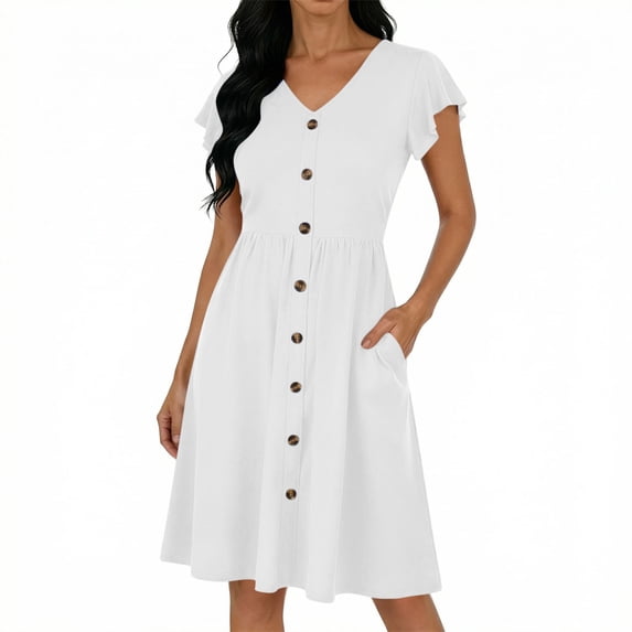 Bosfbaoi Dresses For Women V-Neck Empire Waist A-Line Dress Ruffle Short Sleeve Summer Dresses Solid Color Buttons Womens Dresses With Pockets