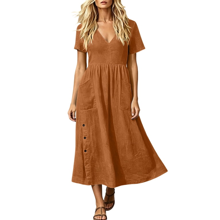 Bosfbaoi Dresses for Women Linen Blend Midi Dress V-Neck Short Sleeve Womens Dresses Empire Waist with Side Buttons and Pockets Summer Dresses for Women 2026
