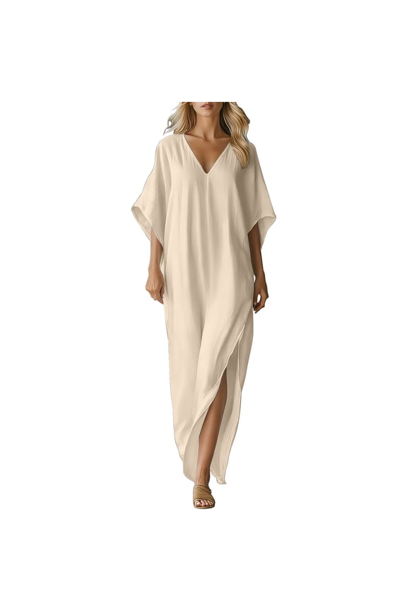 Dresses For Women Linen Cotton kaftan Maxi Dress V-Neck Batwing Sleeve Summer Dress Lightweight Loose Women Dresses Beach Cover Up with Side Slit