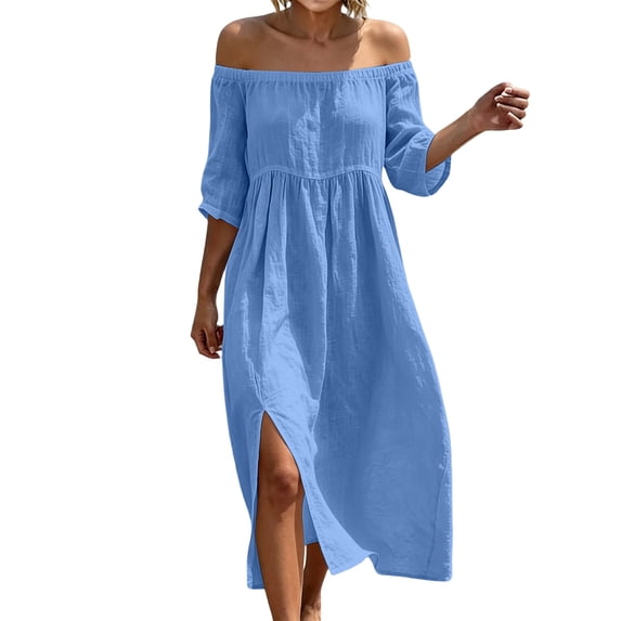 Bosfbaoi Dresses for Women Off-the-Shoulder Crinkled Gauze Maxi Dress Empire Waist 3/4 Sleeves Flowy Womens Dresses with Side Slit Summer Dresses for Women 2026
