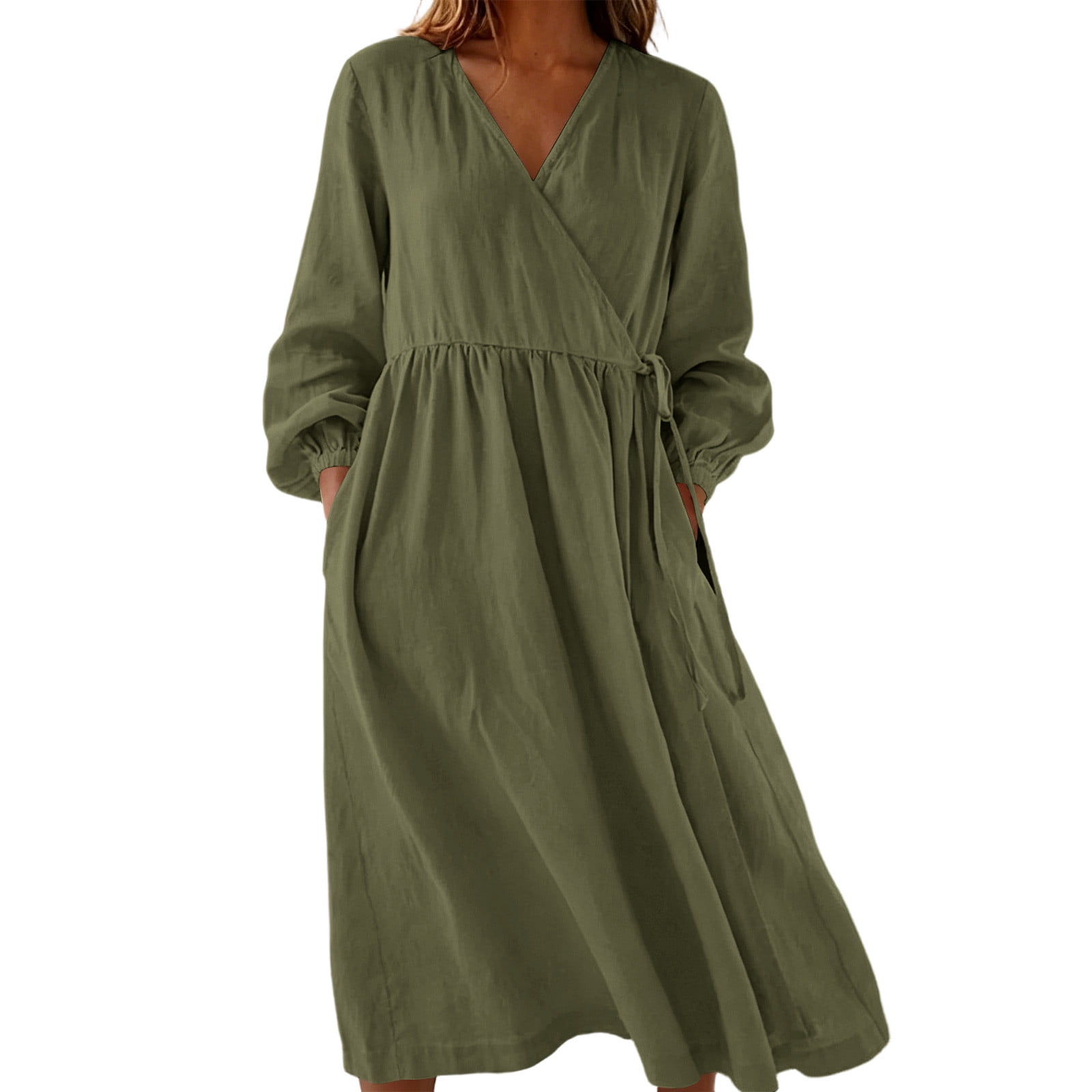 Bosfbaoi Dresses for Women 2026 Wrap V Neck Long Puff Sleeve Side Tie ...
