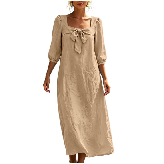 Bosfbaoi Dresses for Women Casual Bow Front Midi Dress Square Neck Puff 3/4 Sleeve Womens Dresses Summer Dresses for Women 2026
