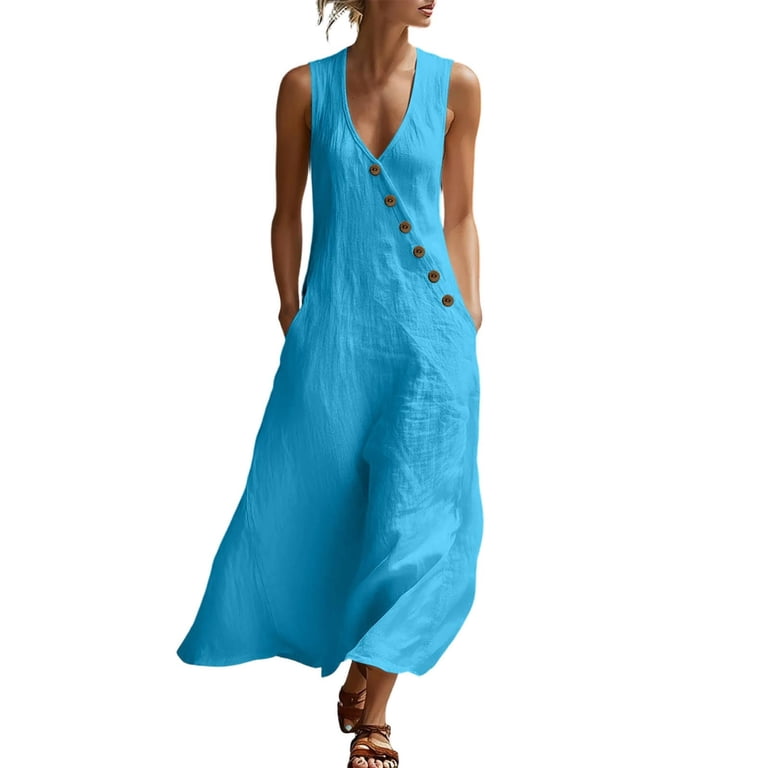 Bosfbaoi Dresses for Women Casual Flowy Linen Maxi Dress V-Neck Sleeveless Womens Dresses with Asymmetrical Buttons Summer Dresses for Women 2026