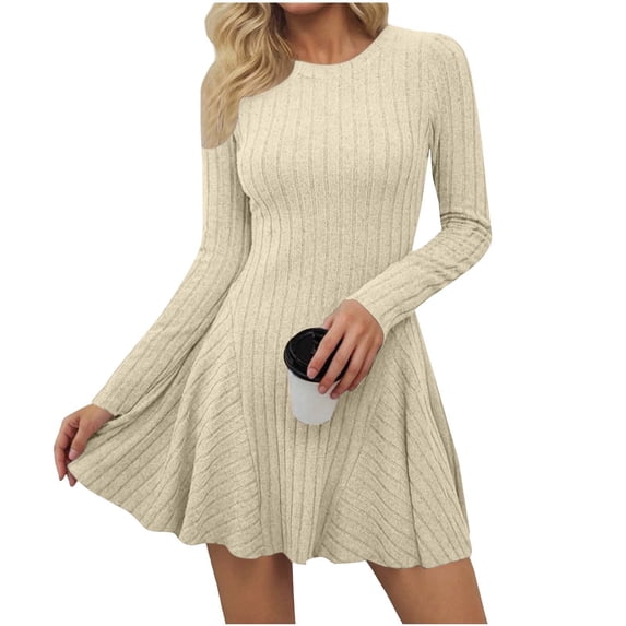 Bosfbaoi Dresses for Women Crew Neck Long Sleeve Ribbed Knit Swing Mini Dress Flared A Line Casual Short Dress
