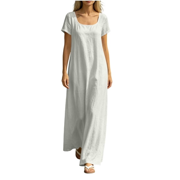Bosfbaoi Dresses for Women Square Neck Short Sleeve Loose Flowy Linen Blend Maxi Dress