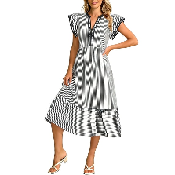 Bosfbaoi Dresses for Women V Notch Neck Ruffle Cap Sleeve Striped High Waist Ruffle Hem Midi Dress